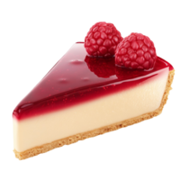 A slice of creamy cheesecake with raspberries on top on transparent background png