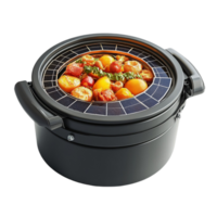 A black pot with tomatoes and vegetables in it png