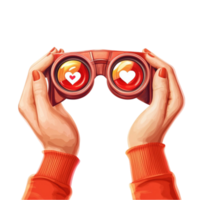 Two hands holding binoculars with hearts and hearts on Transparent Background png