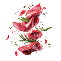 Raw meat with herbs and spices on a black background png