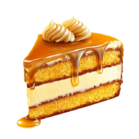 A slice of cake with caramel sauce on top png
