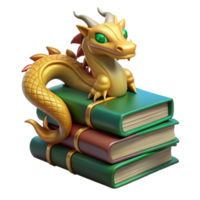 3D Illustration of a Golden Dragon Sitting on a Stack of Books png