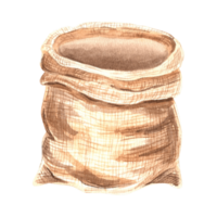 Jute burlap sack for bulk food products. Hand drawn watercolor illustration isolated. Canvas bag for storing beans, grain and seed. Empty textured brown sack for harvesting. Clpart of pouch for flour. png