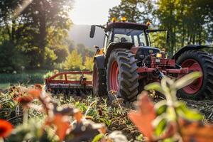 Modern tractor plowing field in scenic countryside landscape at sunrise photo