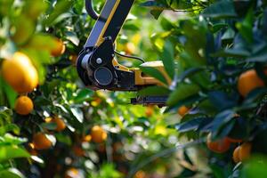 Innovative agricultural technology in orange orchard for efficient fruit harvesting photo