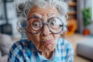 Quirky elderly woman with large glasses making a funny face in living room photo