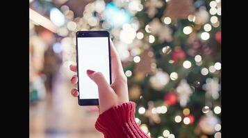 Festive mobile connection, hand with smartphone captures holiday lights photo
