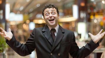 Excited businessman in suit expressing joy in shopping mall photo