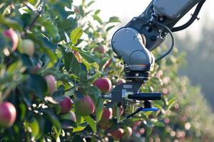 Robotic arm harvesting apples in an orchard during sunrise photo
