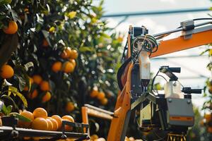 Advanced robotic harvesting in a citrus orchard with ripe oranges on trees photo