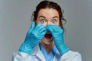 Surprised female scientist in lab coat plugging nose with blue gloves photo