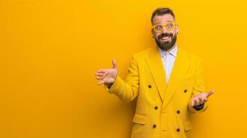Cheerful bearded man in vibrant yellow suit with bright glasses against yellow background photo