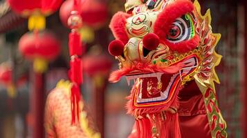 Vibrant chinese dragon head with red lanterns at festive celebration photo