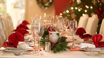 Elegant holiday dining table with festive decorations and red accents photo