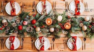 Festive holiday dining table decorated with pine cones, candles, and red accents photo