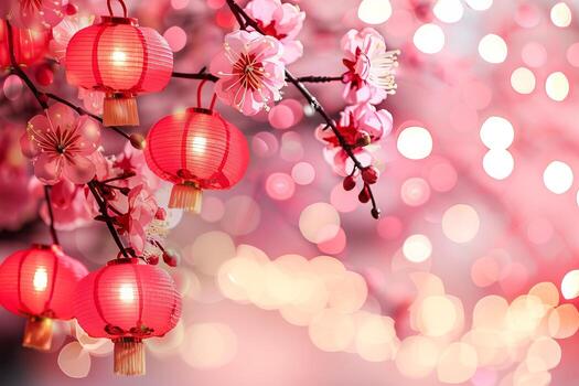 Vibrant red lanterns and cherry blossoms in dreamy bokeh background photo