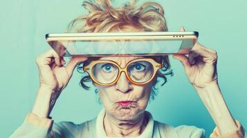 Quirky elderly woman with glasses and tablet displaying playful expression photo