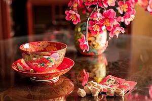 Elegant floral porcelain bowl and blossoms on glass table with red envelopes photo