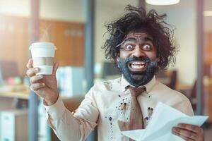 Overwhelmed office worker with coffee stains and disheveled hair photo