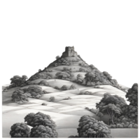 A black and white image of a hill with trees and a castle on top png