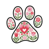 A collection of pink and red flowers arranged to form the shape of an animal paw print, with a heart in the center png