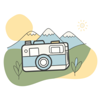 A stylized camera is set against a backdrop of mountains, with a sun shining in the sky. png