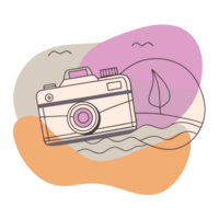 A stylized camera is depicted in front of abstract shapes and a simple landscape scene, including a leaf and hills png