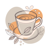 A stylized cup of coffee sits atop a saucer, surrounded by abstract leaves and geometric shapes in muted earth tones png