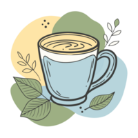 A stylized cup of coffee sits atop a saucer, surrounded by abstract leaves and geometric shapes in muted green tones png