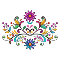 Colorful floral patterns intertwine with leaves and swirling vines, creating a symmetrical design png