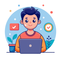 character is working on a laptop with a background of colorful, geometric shapes png