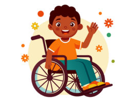 child is seated in a wheelchair, waving and surrounded by colorful flowers and dots png