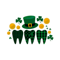 Three plaid-patterned teeth are adorned with a green leprechaun hat and surrounded by shamrocks and golden coins png
