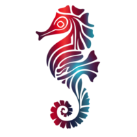 A stylized seahorse design features flowing lines and vibrant gradients of red and blue png