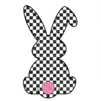 A bunny silhouette is adorned with a black and white checkerboard pattern nd has a pink, glittery tail png