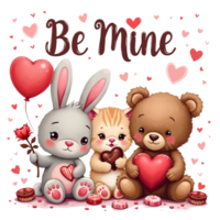 Adorable animals, including a bunny, kitten, and bear, hold hearts and sweets, Be Mine png