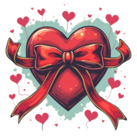 glossy heart is adorned with a vibrant, flowing red ribbon and surrounded by smaller hearts png