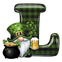 a leprechaun in a green hat sits next to a pot of gold, holding a beer next to a checkered letter l cutouts png