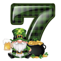a leprechaun in a green hat sits next to a pot of gold, holding a beer next to a squared number 7 cutouts png