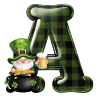a leprechaun in a green hat sits next to a pot of gold, holding a beer next to a checkered letter a cutouts png
