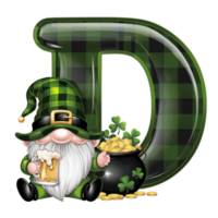 a leprechaun in a green hat sits next to a pot of gold, holding a beer next to a checkered letter d cutouts png