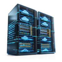 3D cloud data connect with modern Network server racks side view isolate on transparent background png