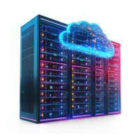 3D cloud data connect with modern Network server racks isolate on transparent background png