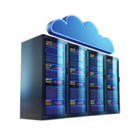 3D cloud data connect with modern Network server racks front view isolate on transparent background png