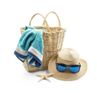 Beach bag with towel starfish straw hat and sunglasses, travel holiday concept side view isolate on transparent background png