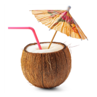 Coconut cocktail with small umbrella and Straw isolate on transparent background png