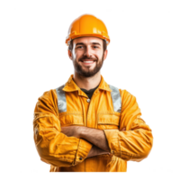 Smiling construction worker or engineer standing with arm cross isolate on transparent background png
