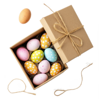 Gift box open with easter eggs top view isolate on transparent background png