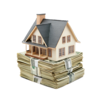 Modern minimature house on stack US dollar side view isolate on transparent background png