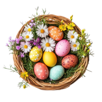 Basket with easter eggs and flowers top view isolate on transparent background png